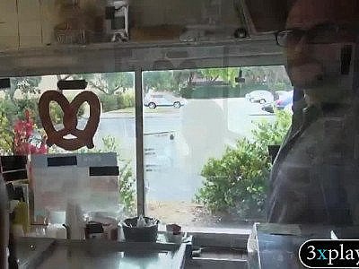 Blonde beauty shows off ass and boned in ice cream parlor