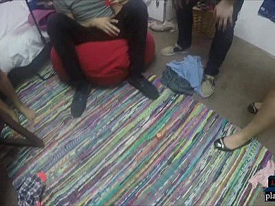 Horny college teens having a wild group in a dorm room with tons of hots babes ta