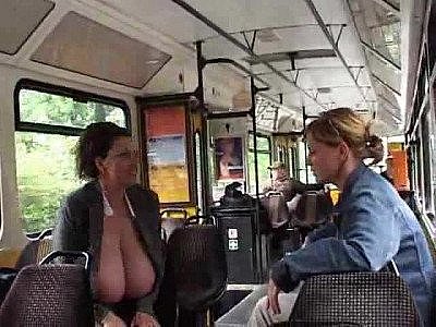 Big tit girl milking on the bus