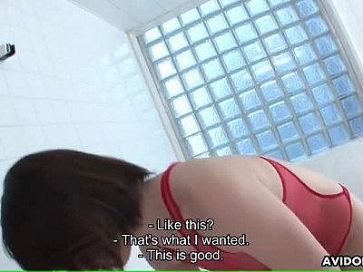 Japanese chick in lingerie massages him in the shower