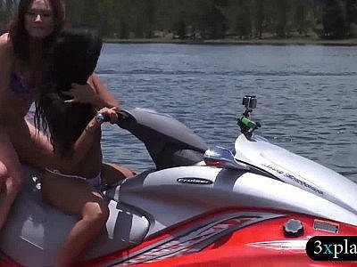 Two sexy babes in bikini sexy fourway sex on speedboat