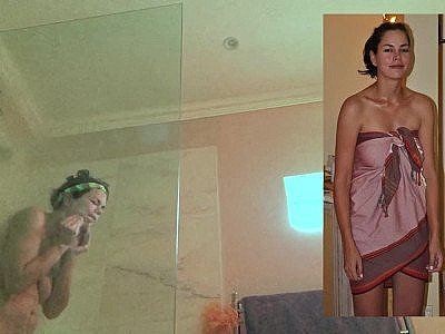 Hot brunette wife's natural tits & hairy vag voyeured