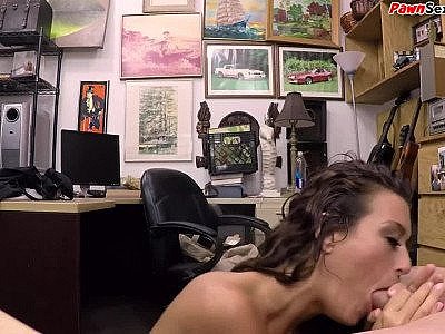 Tattooed amateur beauty rides cock in office of the pawn shop